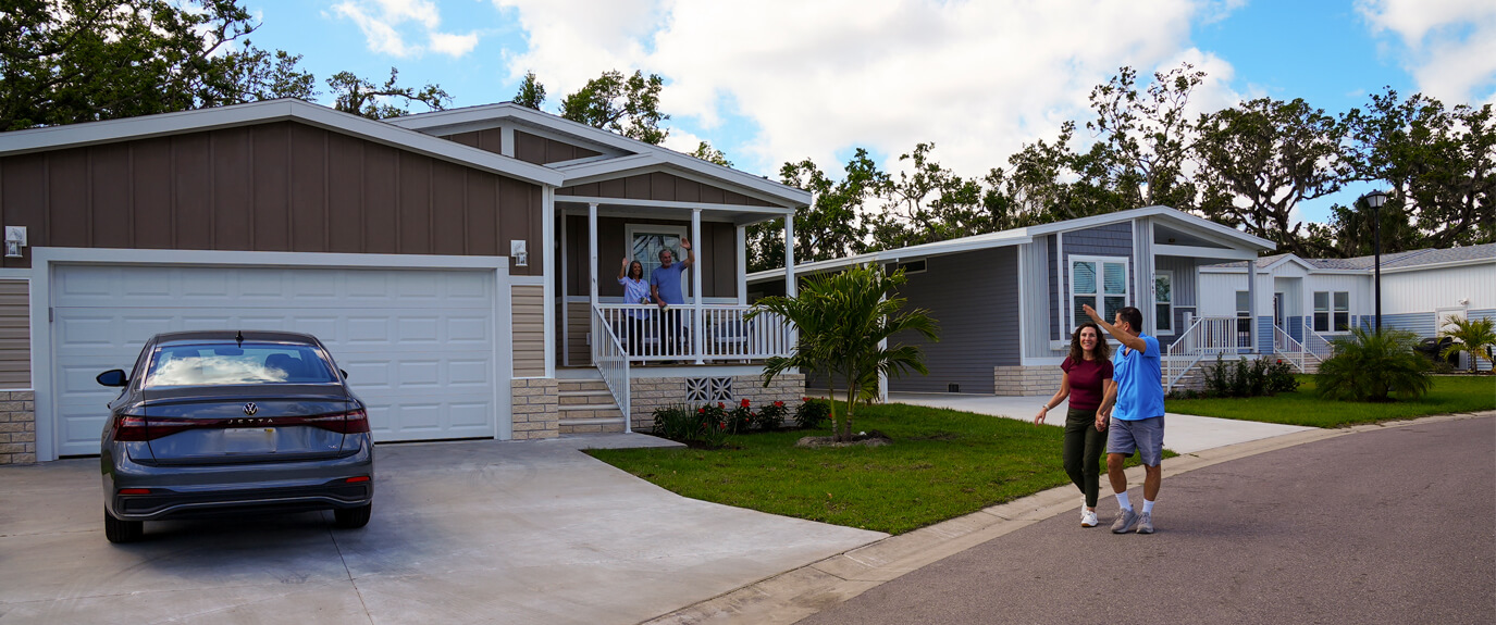 A neighborhood street with manufactured homes